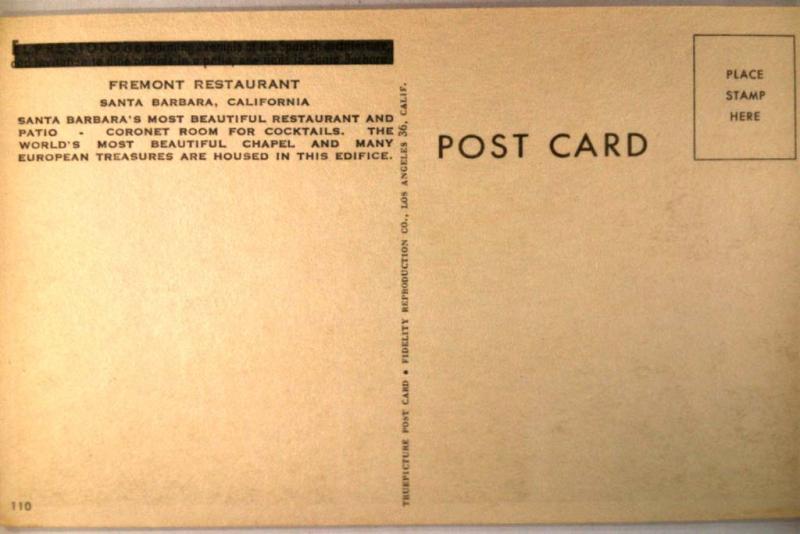 Unused Linen FREMONT RESTAURANT Santa Barbara California CA Postcard y1984