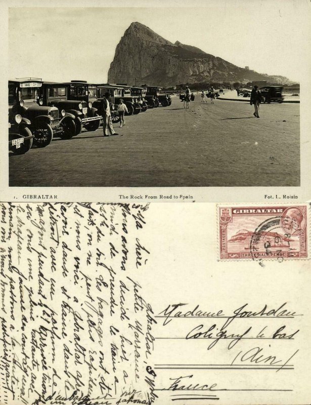 Gibraltar, The Rock from Road to Spain, Car (1934) RPPC Postcard