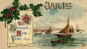 c1907-15 Year Winsch New Postcard John Sailboat Sail Holly Berries Boats  