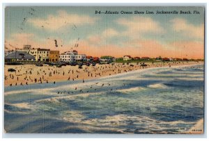 1949 Atlantic Ocean Shore Line Jacksonville Beach Florida FL Posted Sky Postcard