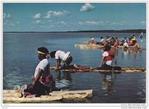 Indians in boats , waiting for race start , N.W.T. , Canada , 1960-80s