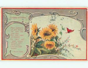 Pre-Linen Language Of Flowers signed RED BUTTERFLY BESIDE SUNFLOWERS AC4125