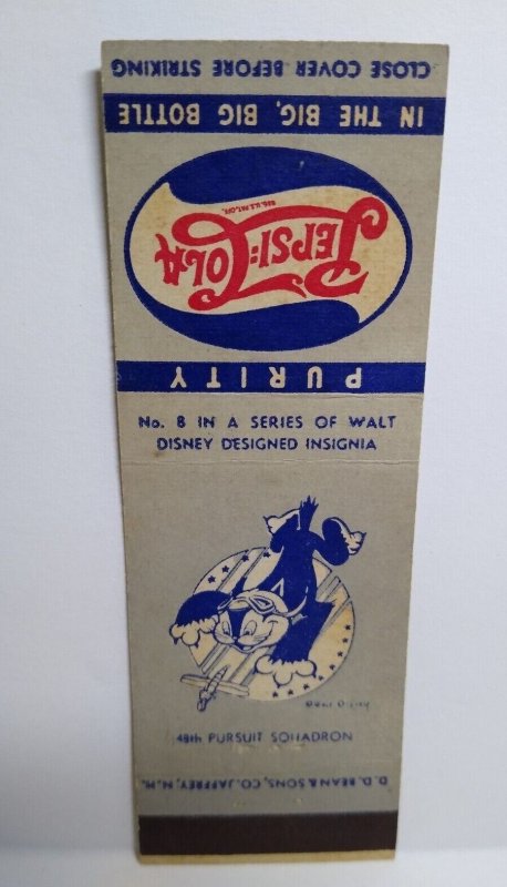 Pepsi Cola Matchbook Cover Walt Disney 1940's No 8 Cat Pilot Pursuit Squadron 