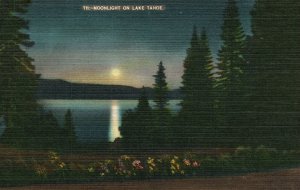 Vintage Postcard 1930's Beautiful Quiet Scene Moonlight on Lake Tahoe Nevada