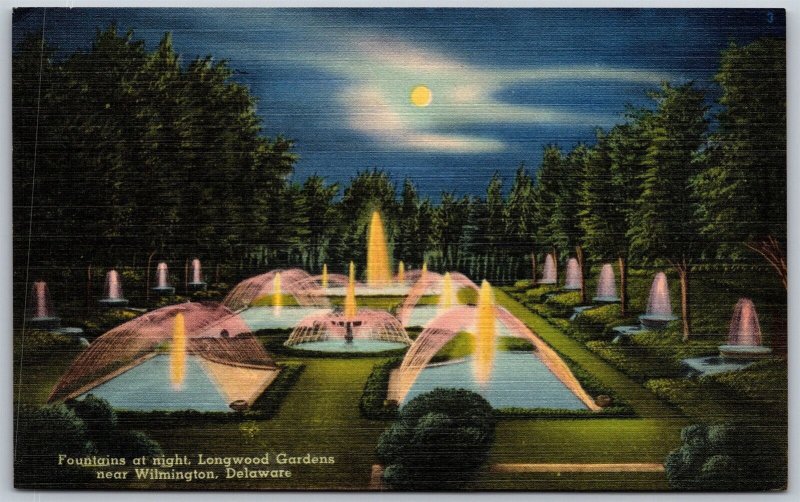 Vtg Wilmington Delaware DE Fountains At Night Longwood Gardens 1940s Postcard