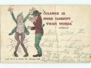 Badly Bent Pre-1907 comic SILENCE IS ELOQUENT - MAN ROBBED AT GUNPOINT o3133