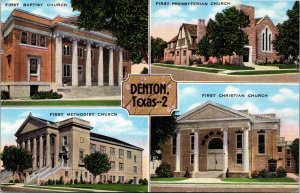 Postcard TX Denton Church multiview Baptist Presbyterian Methodist Christian