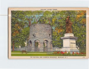 Postcard Ancient Viking Tower Old Mill & Channing Monument Rhode Island USA