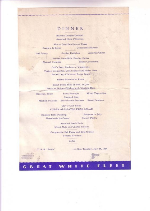 TSS Peten Cruise Ship Dinner Menu, Great White Fleet, At Sea, July 24, 1934,