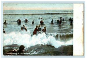 1906 Old Orchard M.E., People Surf Bathing in a Wavy Beach Antique Postcard 