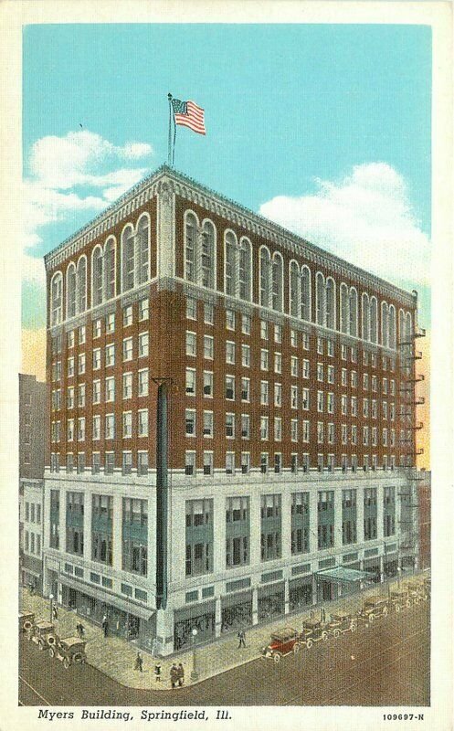 Automobiles Birdseye Myers Bldg Springfield Illinois 1920s Postcard 20-7679