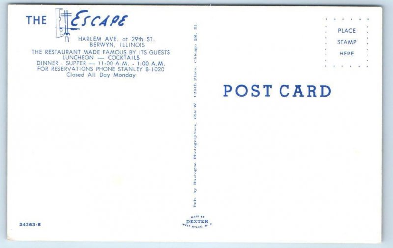 BERWYN, Illinois IL ~ Roadside THE ESCAPE Restaurant 1950s Cook County Postcard