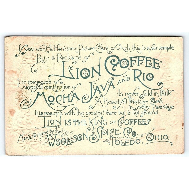 c1880 LION COFFEE TOLEDO OHIO MOCHA JAVA GIRL BIRD VICTORIAN TRADE CARD P120