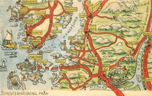 Sweden 1950s map attractions Stenungsund Postcard 22-8988