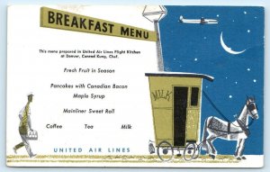 UNITED AIRLINES MENU Advertising BREAKFAST MENU Milk Wagon Chef Kung Postcard