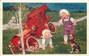 Artist impression Auto Wreck Humor Children Dog 1908 postcard 1011