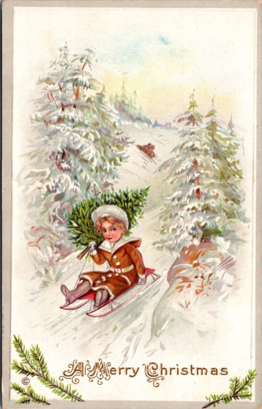 Christmas Postcard Young Child Sledding Through Snowy Forest Trees
