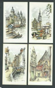 Ca 1946 PPC Amsterdam Holland Set Of 4 Multicolored Vignettes Of City Mint