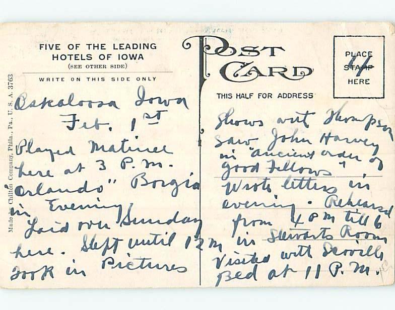 Divided-Back FIVE HOTELS ON POSTCARD Oskaloosa & Keokuk & Des Moines IA B5003