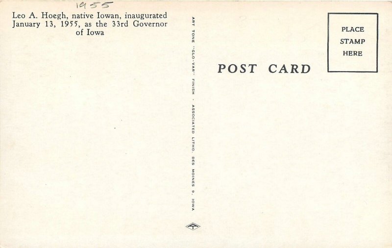 Postcard Iowa Leo A. Hoegh 33rd Governor 1955 Associated Litho 23-10384