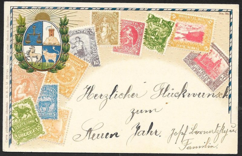 URUGUAY Stamps on Postcard Embossed Shield Used c1906