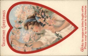 Valentine Art Nouveau Heart Border Young Woman Picking Blossoms c1910 PC