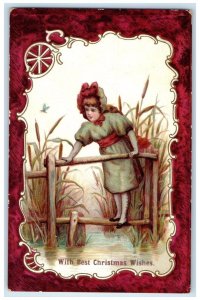 c1905 Christmas Wishes Girl River Scene Insect Unposted Antique Postcard