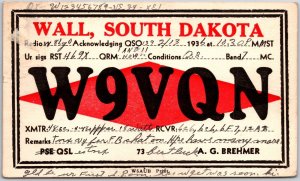 1936 QSL Radio Card Code W9VQN Wall South Dakota Amateur Station Posted Postcard