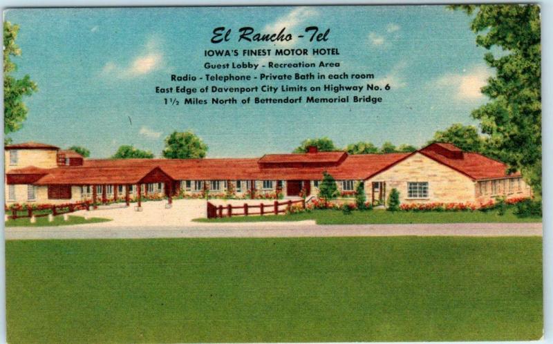 DAVENPORT, Iowa  IA   Roadside EL RANCHO-TEL Motor Hotel c1940s Linen Postcard