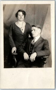 c1920s Man Woman Couple Portrait RPPC Fancy Chair Lady Gentleman Real Photo A214