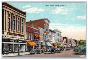 Main Street Scene Drug Store Auto Supply Shop Cars Paris Illinois IL Postcard