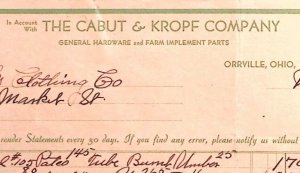 1937 ORRVILLE OHIO CABUT & KROPF CO GENERAL HARDWARE FARM BILLHEAD INVOICE Z381