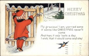 Whitney Christmas Little Boy at Fence with Song Bird Vintage Postcard