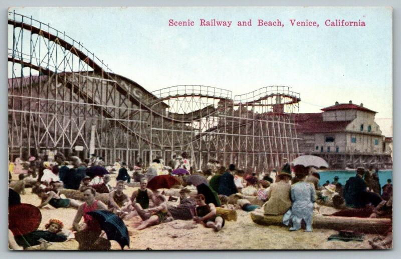 Venice CA~Beach Bums Relax on Sand Below Roller Coaster~Umbrellas For Shade~1910 