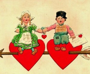 Dutch Children Riding Hearts Arrows Valentines Embossed 1913 Vtg Postcard