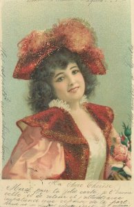 Art nouveau 1901 novelty glass pearls applied fancy glamor beauty woman portrait