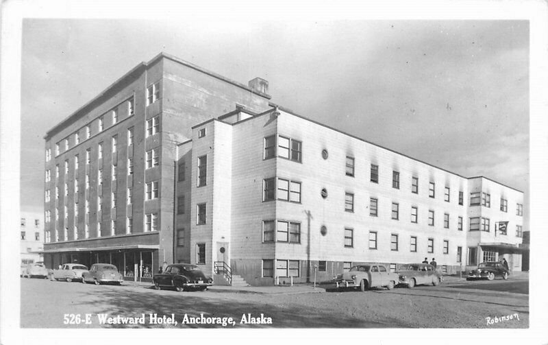 Anchorage Alaska Automobiles 1950s RPPC Robinson Postcard Westward Hotel 13110