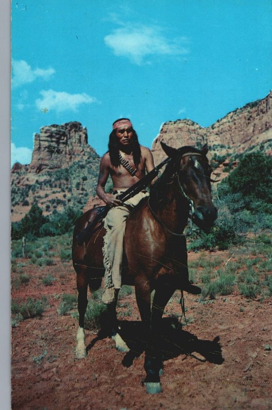 VINTAGE POSTCARD APACHE WARRIOR ON HORSEBACK OAK CREEK CANYON ARIZONA