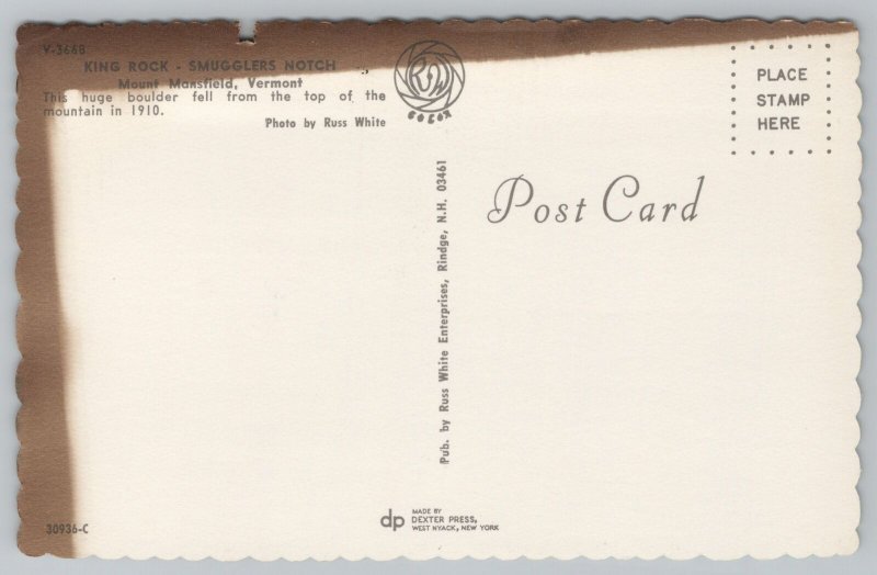 Mt Mansfield Vermont~King Rock~Smugglers Notch~Vintage Postcard