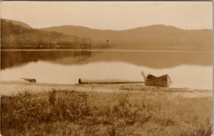 RPPC Beautiful Lake Scene Rowboat Ashore 1920s Mountains Real Photo Postcard I27