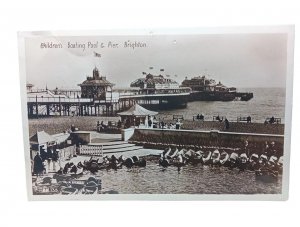 Childrens Boating Pool Lake and Pier Brighton Sussex Vintage Postcard 1933