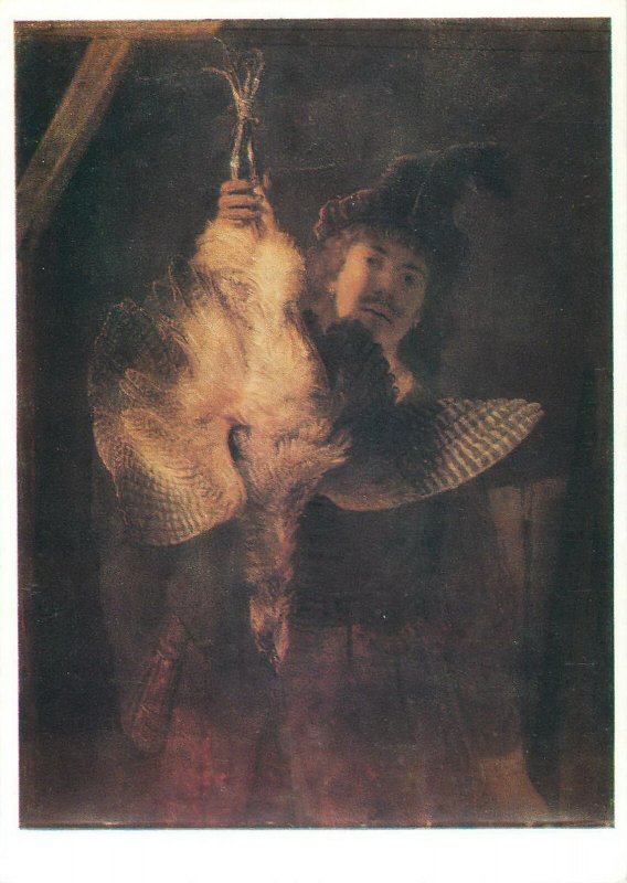 Painting artist Postcard Rembrandt portrait of a man with a chicken