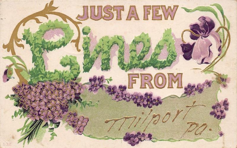 Milport Pennsylvania~Just a Few Lines~Embossed Violets-Forget-me-Nots~1909 Pc