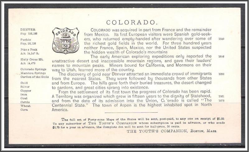 Colorado Youth's Companion Map c1891