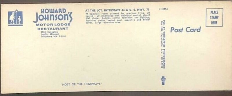 Howard Johnson Motor lodge, Joplin Missouri Host Of The Highways Postcard