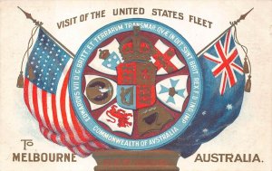 GREAT WHITE FLEET MELBOURNE AUSTRALIA FLAGS COAT OF ARMS MILITARY POSTCARD 1908