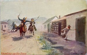 John Innes Artist Shooting Up The Town Cowboys Western Postcard H56 *as is