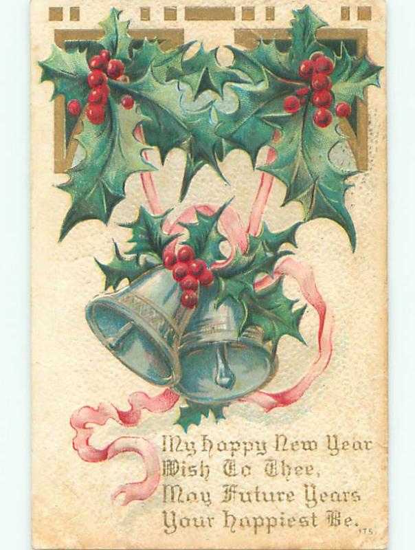 Pre-Linen new year SILVER BELLS WITH PINK RIBBON AND HOLLY k5188