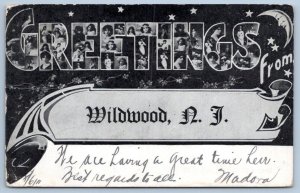 Pre-1906 GREETINGS FROM WILDWOOD NJ WOMEN IN LETTERS MAN IN THE MOON POSTCARD