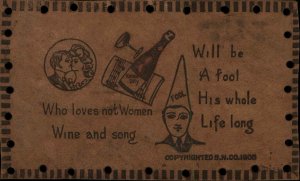 Women Wine and Song Pro Drinking Real Leather Novelty c1910 Vintage Postcard